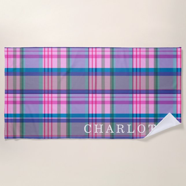 Cute Retro Pink Plaid Pattern Personalized Name Beach Towel (Front)