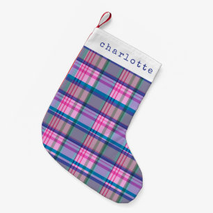 Cute Retro Pink Plaid Pattern Personalized Name  Small Christmas Stocking