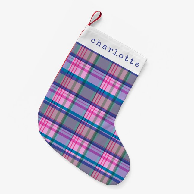 Cute Retro Pink Plaid Pattern Personalized Name  Small Christmas Stocking (Front (Hanging))