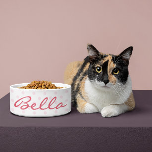 Cute Retro Pink Polka Dots Cat Kitty Pet Name Food Bowl