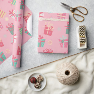 Cute Retro Pink Presents Christmas Wrapping Paper
