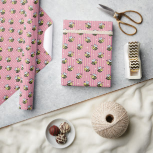 Cute Retro Pink Striped Bumblebee Birthday Wrapping Paper