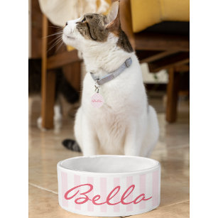 Cute Retro Pink Stripes Cat Kitty Pet Name Food Bowl