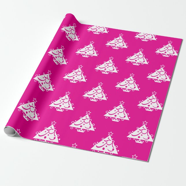 Cute Retro Pink White Christmas Tree Pattern Wrapping Paper (Unrolled)