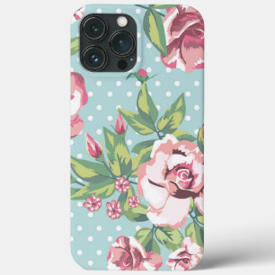 Cute retro polka dots floral pattern rose l blue iPhone 13 pro max case