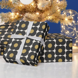 Cute Retro Pop Flower Pattern   Black and Gold Wrapping Paper