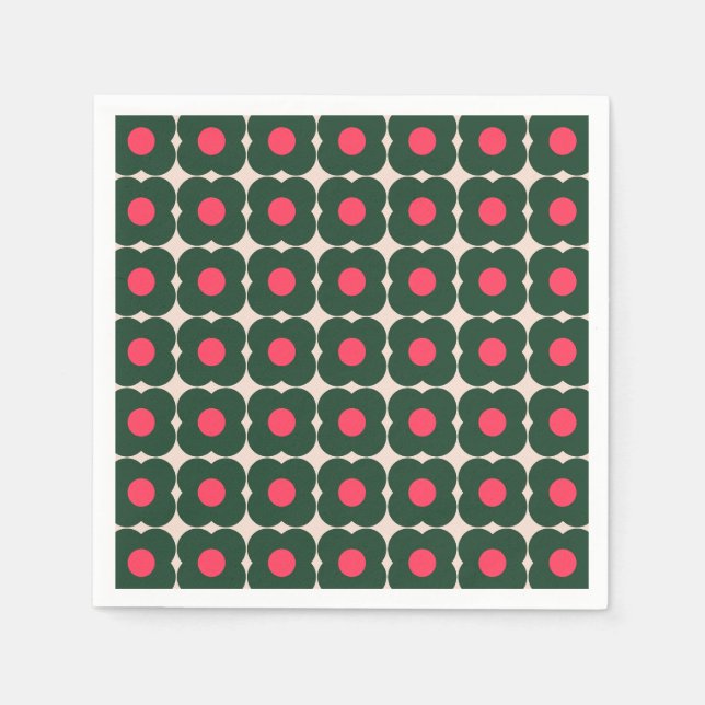 Cute Retro Pop Flower Pattern Christmas Green Pink Napkin (Front)