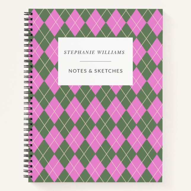 Cute Retro Preppy Pink Green Argyle Personalized Notebook (Front)