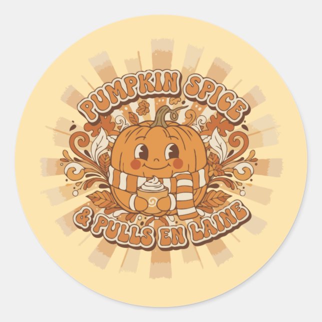 Cute Retro Pumpkin Spice & Wool Sweaters Groovy  Classic Round Sticker (Front)
