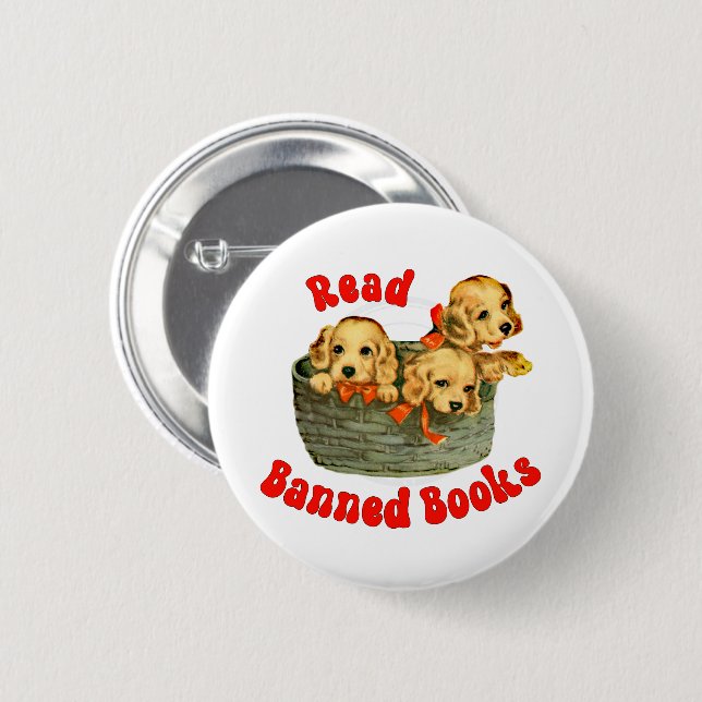 Cute Retro Puppies - Read Banned Books 2 Inch Round Button (Front & Back)