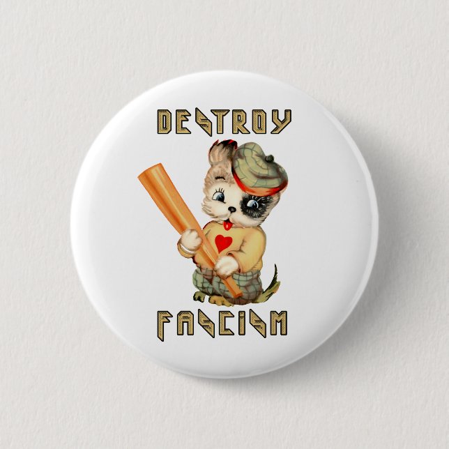 Cute Retro Puppy - Destroy Fascism 2 Inch Round Button (Front)