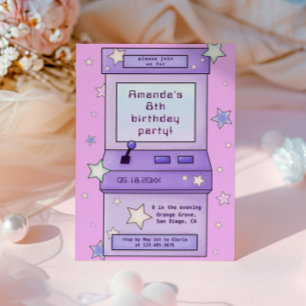 Cute Retro Purple Arcade Game Kids Birthday Invitation