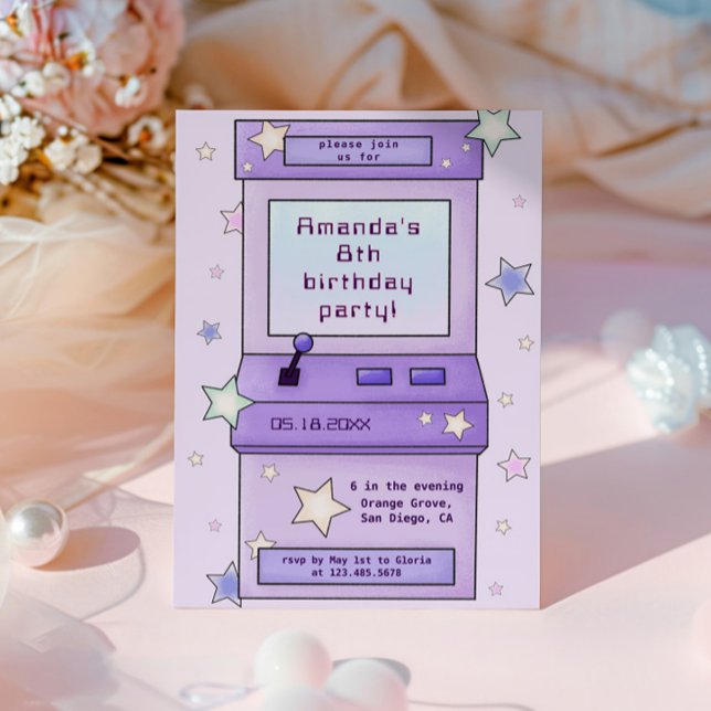 Cute Retro Purple Arcade Game Kids Birthday Invitation (Creator Uploaded)
