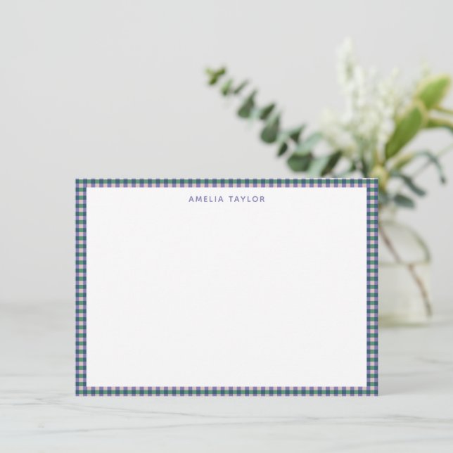 Cute Retro Purple Green Gingham Plaid Personalized Card (Standing Front)