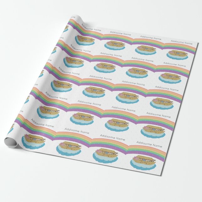 Cute Retro Rainbow Noah's Ark  Add Name Wrapping Paper (Unrolled)