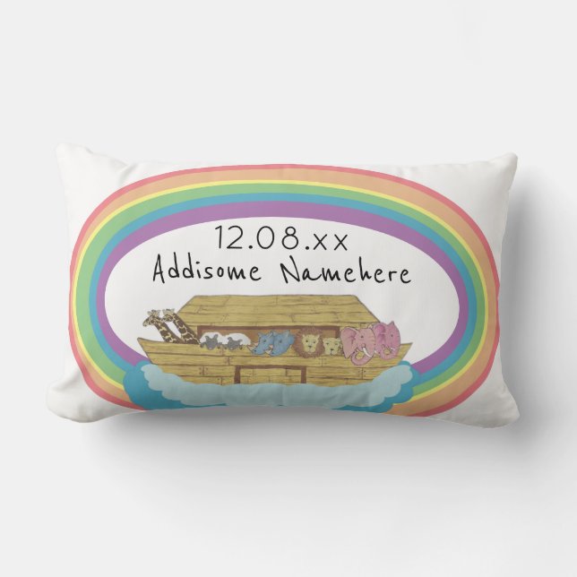 Cute retro Rainbow Noah's Ark on White Lumbar Pillow (Front)