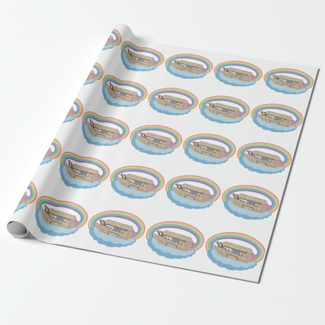cute retro Rainbow Noah's Ark on White Wrapping Paper (Unrolled)