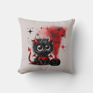 Cute Retro Red-Black Wide-Eyed Kitten Halloween Throw Pillow