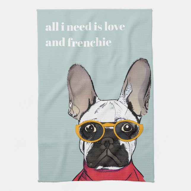 Cute Retro Red French Bulldog With Neon Glasses Kitchen Towel (Vertical)