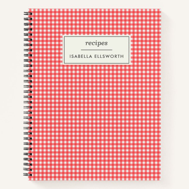 Cute Retro Red Gingham Plaid Personalized Recipe Notebook (Front)