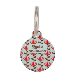 Cute Retro Red Poppies on Blue Faux Texture Pet Tag