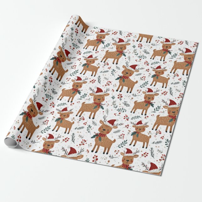 Cute Retro Reindeer Christmas Wrapping Paper (Unrolled)