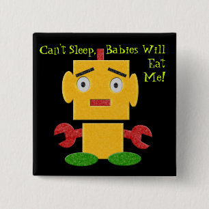 Cute Retro Robot - Yellow - Cant Sleep 2 Inch Square Button