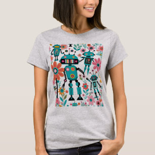 Cute Retro Robots And Flowers T-Shirt