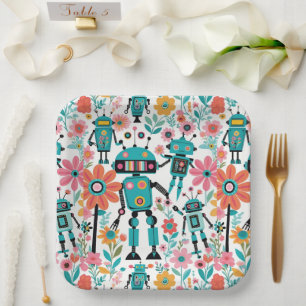 Cute Retro Robots And Pink Flowers Paper Plate