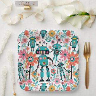 Cute Retro Robots And Pink Flowers Paper Plate
