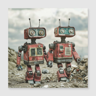 Cute Retro Robots In Love Holding Hands