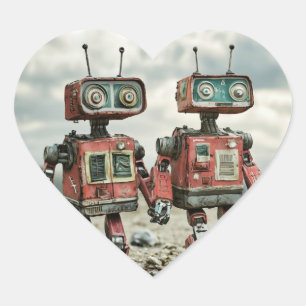 Cute Retro Robots In Love Holding Hands Heart Sticker