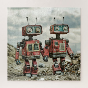 Cute Retro Robots In Love Holding Hands Jigsaw Puzzle