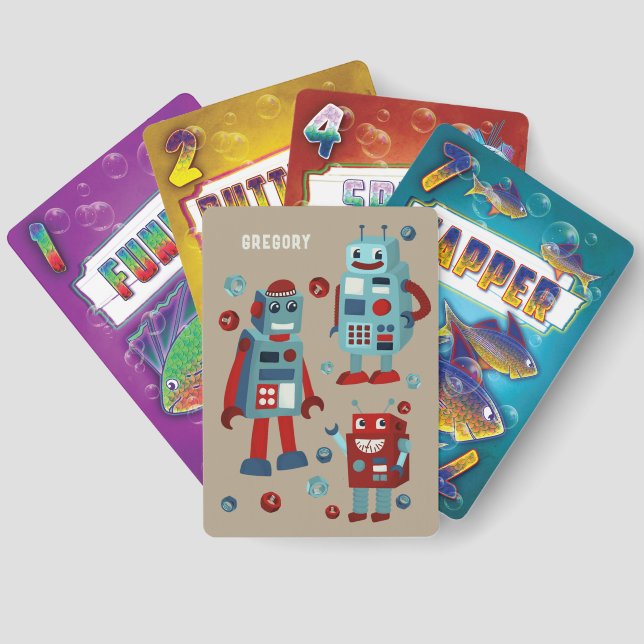 Cute Retro Robots Personalized Playing Cards (Back)