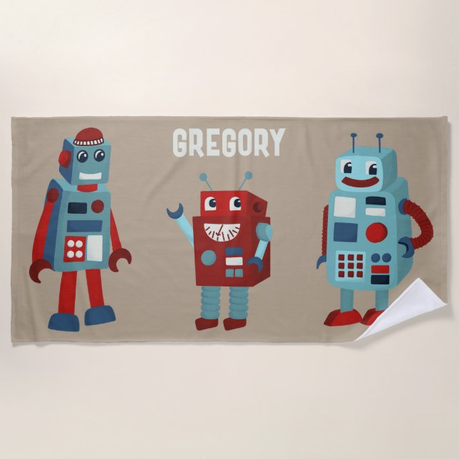 Cute Retro Robots Personalized Sci-Fi Beach Towel (Front)