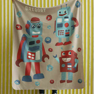 Cute Retro Robots Personalized Sci-Fi Fleece Blanket
