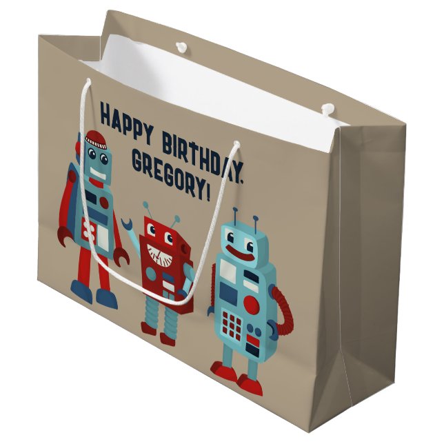 Cute Retro Robots Personalized Sci-Fi Large Gift Bag (Front Angled)