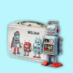 Cute Retro Robots Personalized Sci-Fi Metal Lunch Box<br><div class="desc">Add a sci-fi touch to your lunch with this personalized lunchbox. It features illustrations of three cute retro style robots in shades of blue and red and has a spot on the front to add a name in navy blue lettering. The graphics appear on both the front and the back...</div>