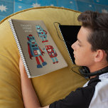 Cute Retro Robots Personalized Sci-Fi Notebook<br><div class="desc">Add your own custom text to the front of this notebook that features cute illustrations of retro style robots in blue and red. The graphics are set against a tan coloured background. The back cover has a coordinating pattern of retro robots and hex nuts.</div>
