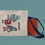 Cute Retro Robots Personalized Sci-Fi Tote Bag<br><div class="desc">This tote bag is ready to be personalized with a name in navy blue lettering and features cute illustrations of retro style robots in shades of blue and red.</div>