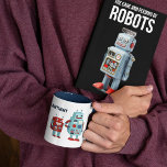 Cute Retro Robots Personalized Sci-Fi Two-Tone Coffee Mug<br><div class="desc">Add a sci-fi touch to your morning routine with this personalized coffee mug. This mug features fun illustrations of retro style robots and is ready to be personalized with a name or other text. The graphics wrap around the mug,  and the name appears on both sides.</div>