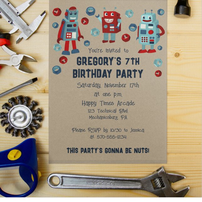 Cute Retro Robots Sci-Fi Boys Birthday Invitation (Creator Uploaded)
