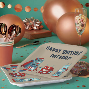 Cute Retro Robots Sci-Fi Boys Birthday Paper Plate