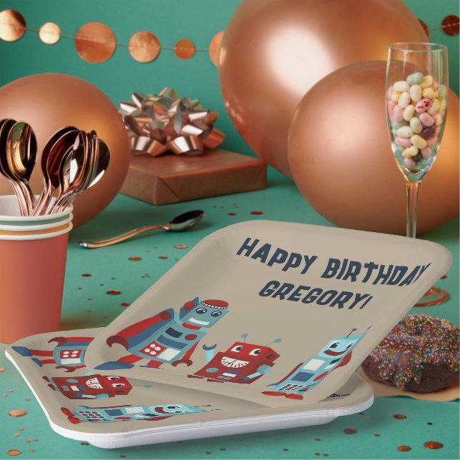 Cute Retro Robots Sci-Fi Boys Birthday Paper Plate (Multi)