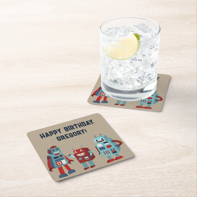 Cute Retro Robots Sci-Fi Boys Birthday Square Paper Coaster (Insitu)
