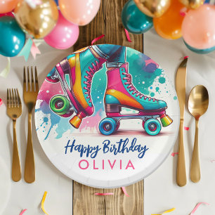 Cute Retro Roller Skate Birthday Paper Plate