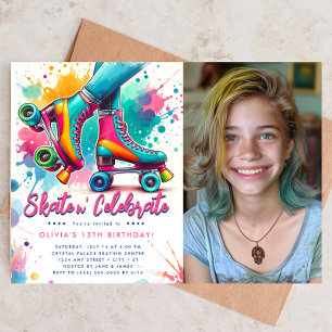 Cute Retro Roller Skating Photo Birthday Invitation