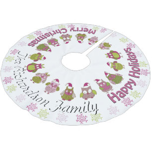 Cute Retro Santa Owls YOUR NAME HERE Tree Skirt