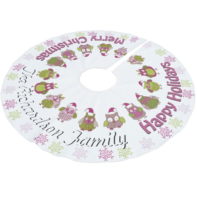 Cute Retro Santa Owls  YOUR NAME HERE Tree Skirt (Angled)