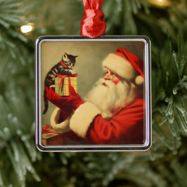 Cute Retro Santa with Kitten Illustration Metal Ornament (Tree)